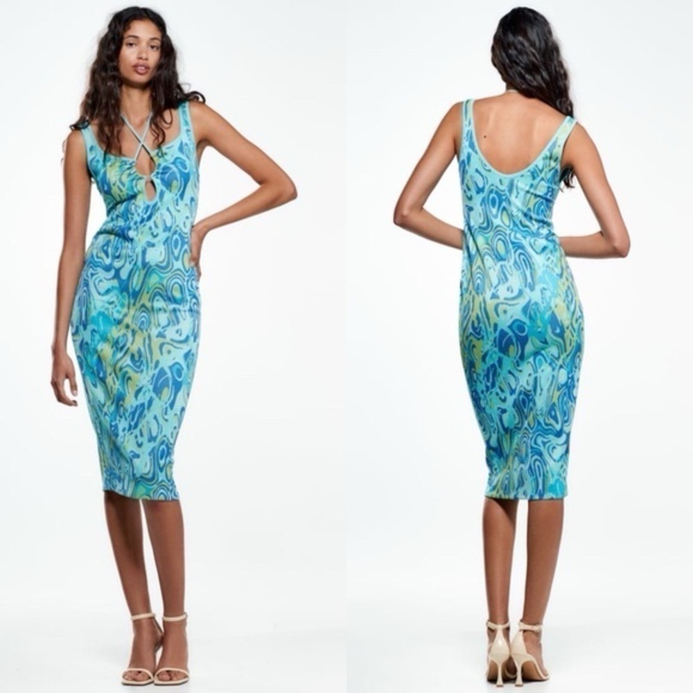 NEW Zara CUT OUT JACQUARD PRINT KNIT DRESS Adjustable Tie Strap SZ M